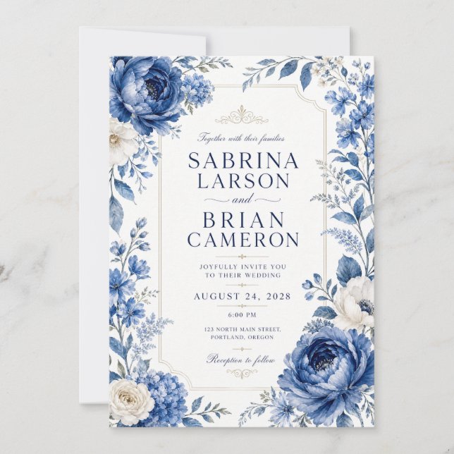 Elegante Convite de Casamento Floral Azul Real com (Frente)