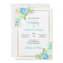 Elegante Convite de Casamento Floral Azul Turquesa