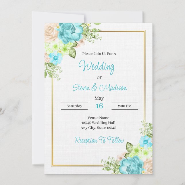 Elegante Convite de Casamento Floral Azul Turquesa (Frente)
