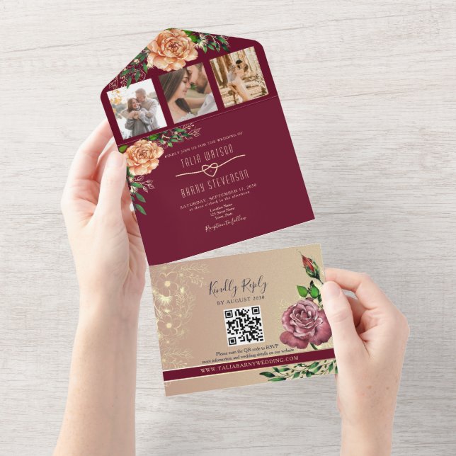 Elegante Convite de Casamento Floral Borgonha Dour (Aba destacável)