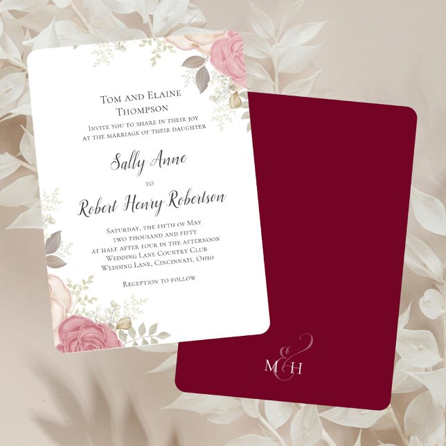 Elegante Convite de Casamento Floral Borgonha Pers (Elegant rose floral wedding invitation template. )