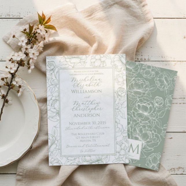 Elegante Convite de Casamento Floral Desenhado à M (Criador carregado)