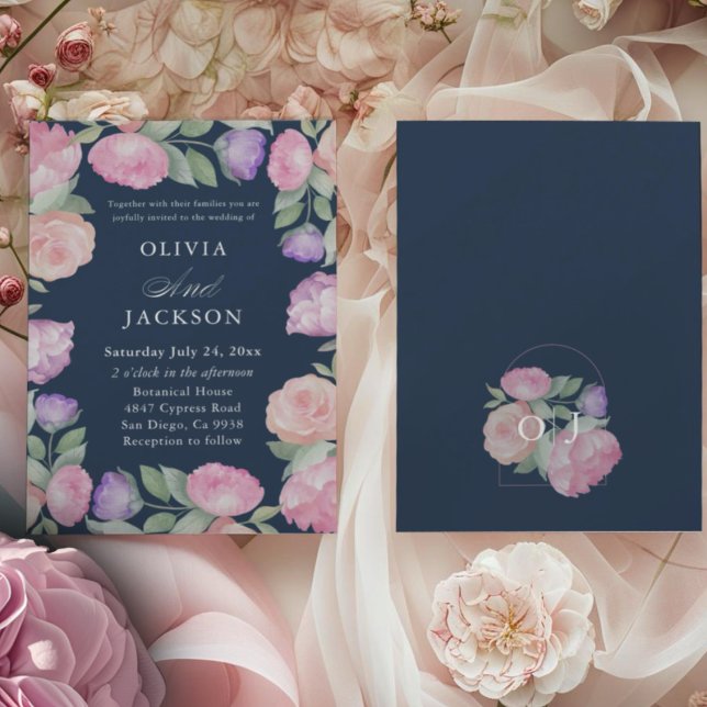 Elegante Convite de Casamento Floral em Azul Escur (Criador carregado)