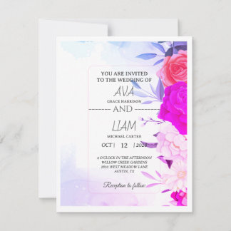 Elegante Convite de Casamento Floral em Azul Turqu