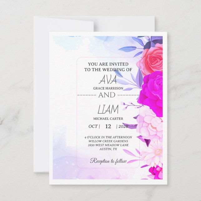 Elegante Convite de Casamento Floral em Azul Turqu (Frente)
