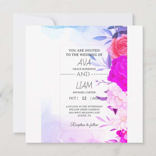 Elegante Convite de Casamento Floral em Azul Turqu (Frente)