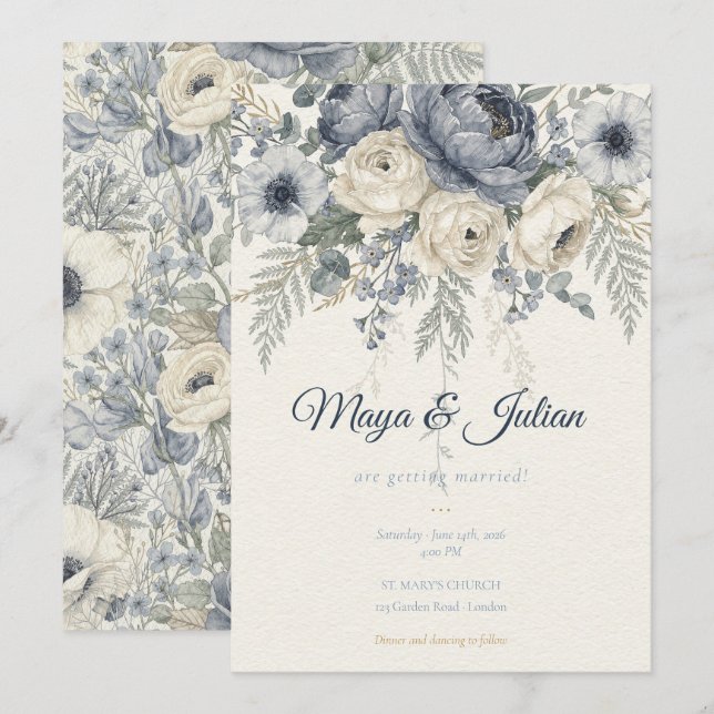 Elegante Convite de Casamento Floral Francês Peôni (Frente/Verso)