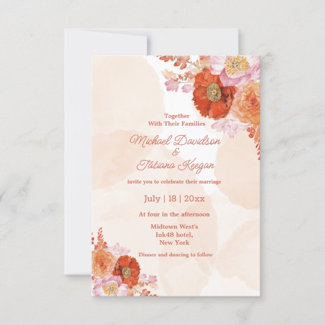 elegante convite de casamento floral laranja botân (Frente)