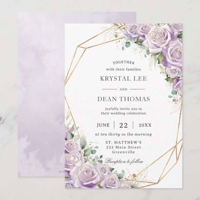 Elegante Convite de Casamento Floral Lilás Roxo Ge (Frente/Verso)