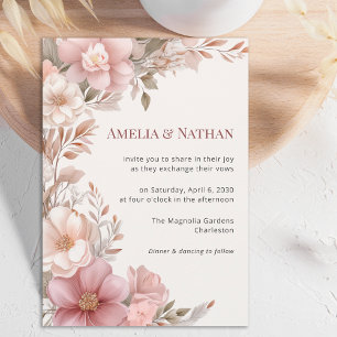 Elegante Convite de Casamento Floral Magnólia Rosa