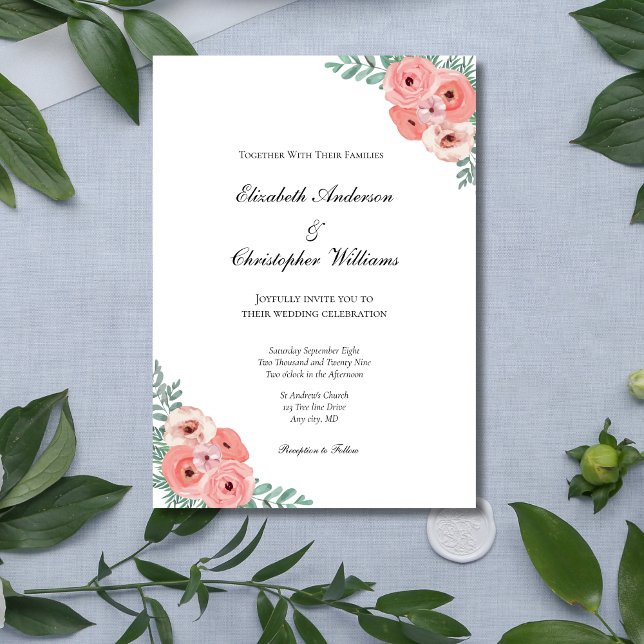 Elegante Convite de Casamento Floral Rosa Água-for (Blush Pink Floral Greenery Watercolor Wedding invitation. Printed or Instant digital download)
