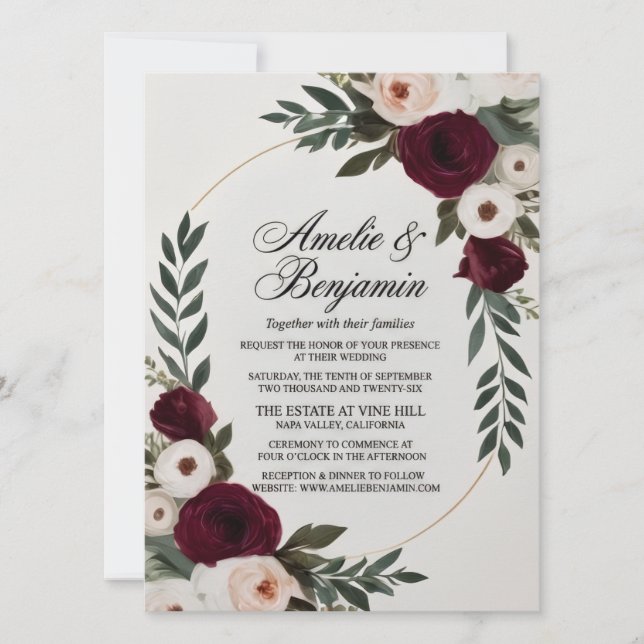 Elegante Convite de Casamento Floral Rosa e Borgon (Frente)
