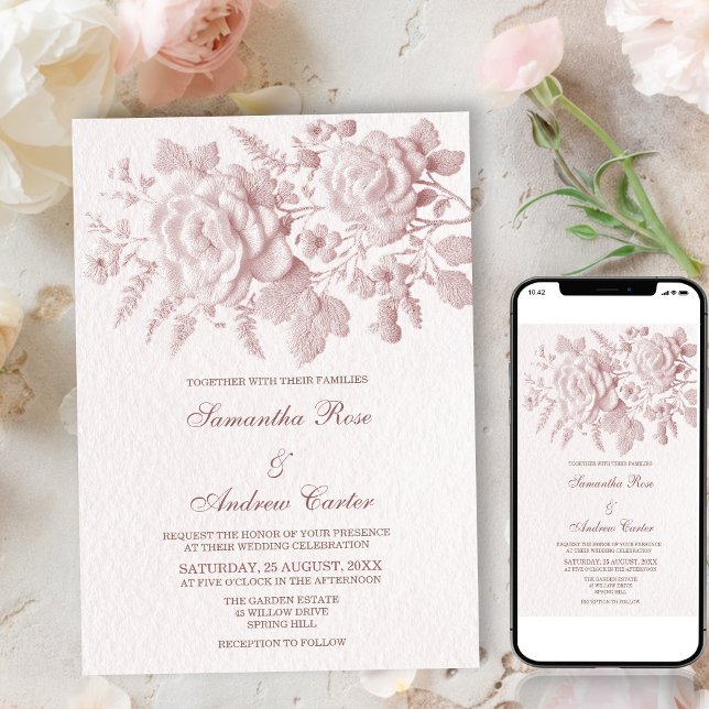Elegante Convite de Casamento Floral Rosa Falso Em (Criador carregado)