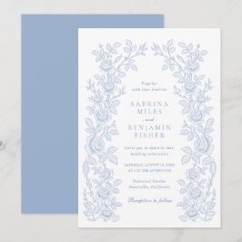 Elegante Convite de Casamento Floral Vintage Azul 