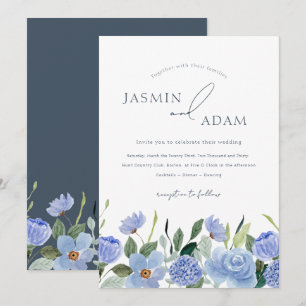 Elegante Convite de Casamento Monograma Azul Ardós
