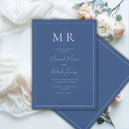 Elegante Convite de Casamento Monograma Azul-Navy 