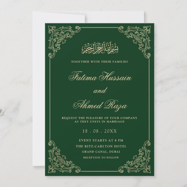 Elegante Convite de Casamento Muçulmano em Verde e (Frente)