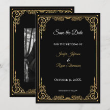 Elegante convite de casamento preto e dourado para