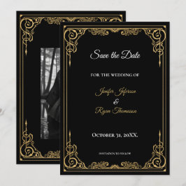 Elegante convite de casamento preto e dourado para