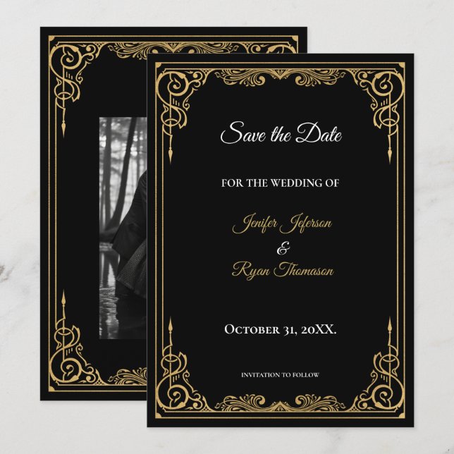 Elegante convite de casamento preto e dourado para (Frente/Verso)