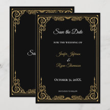 Elegante convite de casamento preto e dourado para