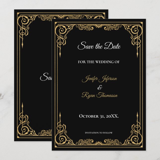 Elegante convite de casamento preto e dourado para (Frente/Verso)