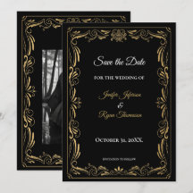 Elegante convite de casamento preto e dourado para