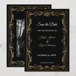 Elegante convite de casamento preto e dourado para