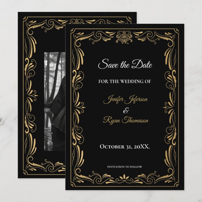 Elegante convite de casamento preto e dourado para (Frente/Verso)