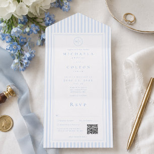 Elegante Convite de Casamento QR com Listra Azul C