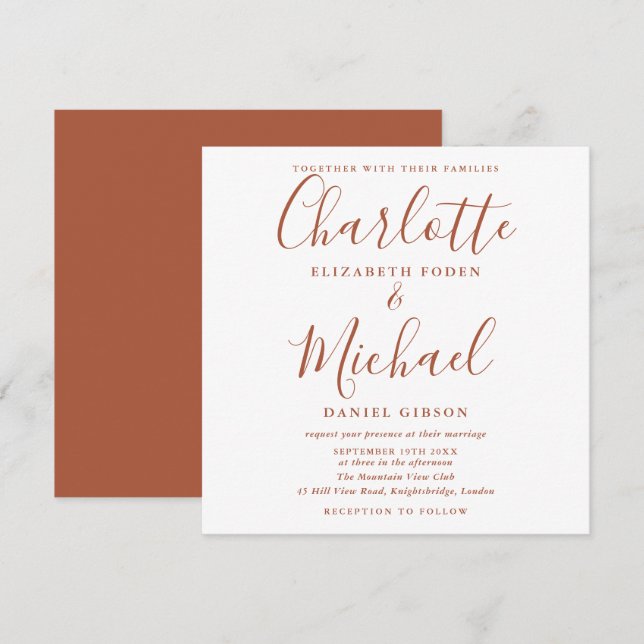 Elegante Convite de Casamento Quadrado em Script T (Frente/Verso)
