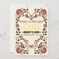 Elegante Convite de Casamento Rosemaling Norueguês