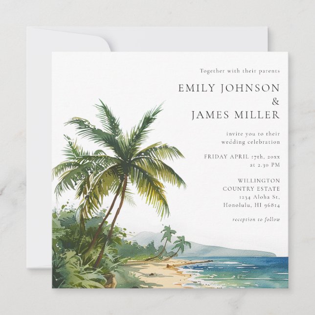 Elegante Convite de Casamento Tropical em Aquarela (Frente)