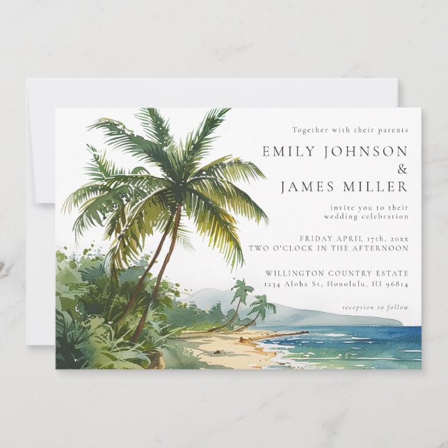 Elegante Convite de Casamento Tropical em Aquarela (Frente)