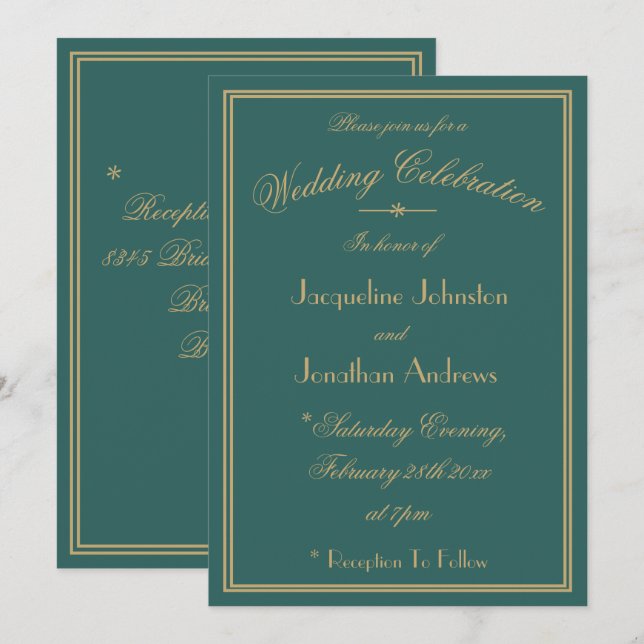 Elegante Convite de Casamento Verde Escuro com Nom (Frente/Verso)