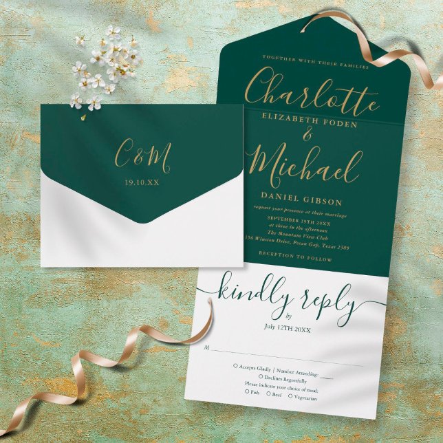 Elegante Convite de Casamento Verde Esmeralda com  (Criador carregado)