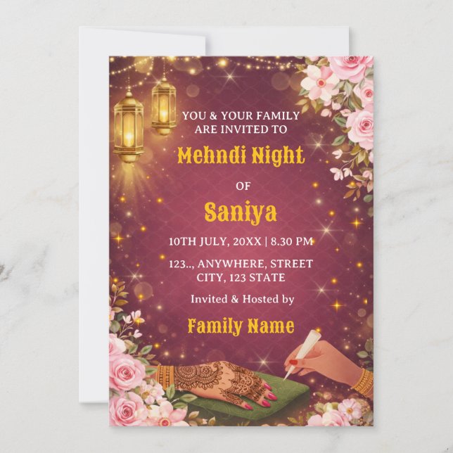 Elegante Convite de Cerimônia Noturna de Mehndi (Frente)