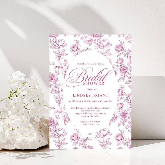 Elegante Convite de Chá de Noiva Toile de Rosas Ro (Elegant Dusty Pink Toile Roses Bridal Shower Invitation)
