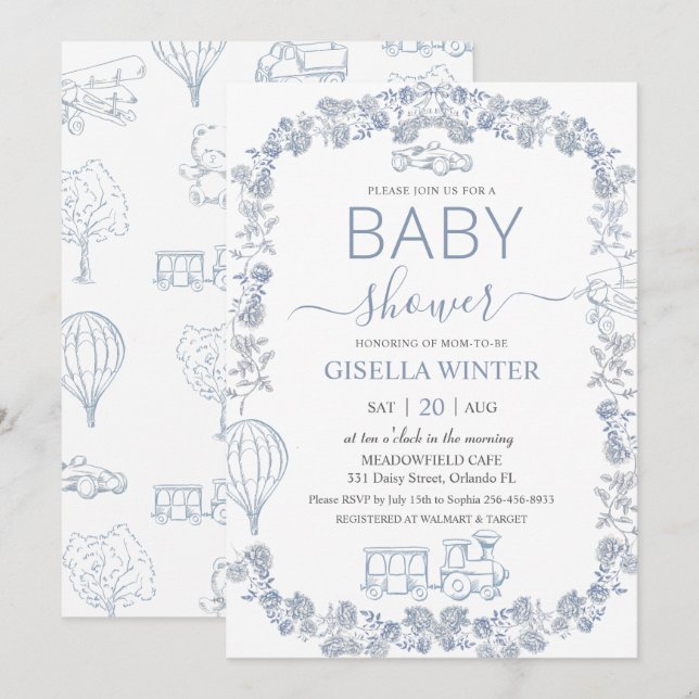 Elegante Convite de Chás de Bebê em Azul Poeirento (Frente/Verso)