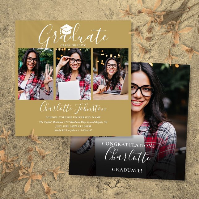 Elegante Convite de Festa de Formatura em Dourado  (Elegant Chic Gold Script 4 Photo Graduation Party Invitation)