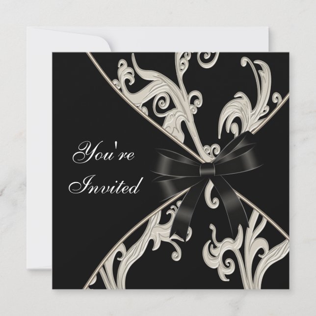Elegante Convite de Festa Preto Branco Creme Remoi (Frente)