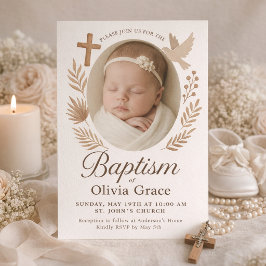 Elegante Convite de Foto de Batismo Neutro com Pom
