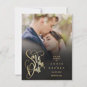 Elegante Convite de Foto em Script Dourado para Ca