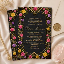Elegante Convite de Gala Floral Preto Dourado 
