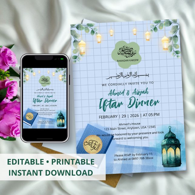 Elegante Convite de Iftar do Ramadão em Aquarela (Criador carregado)