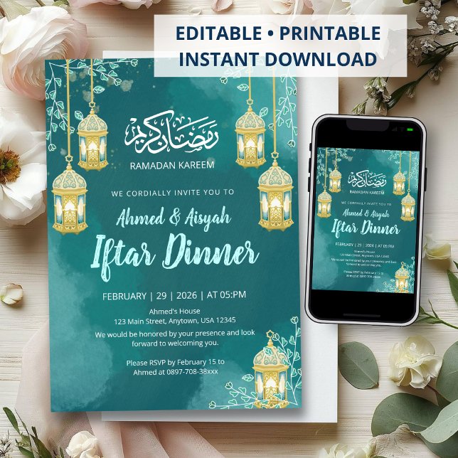Elegante Convite de Iftar em Aquarela Azul Turques (Criador carregado)
