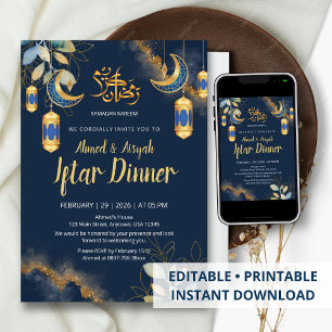 Elegante Convite de Iftar em Azul Naval e Dourado