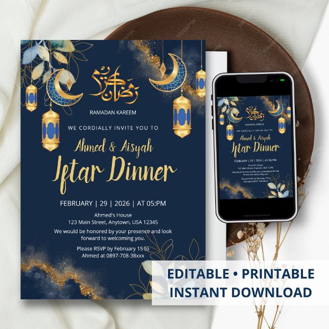 Elegante Convite de Iftar em Azul Naval e Dourado  (Criador carregado)