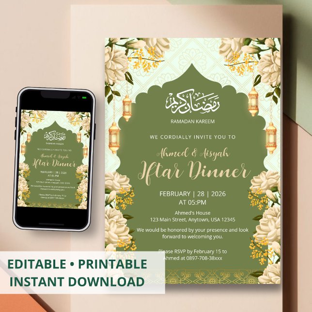 Elegante Convite de Iftar Floral Verde Sage Ramada (Criador carregado)