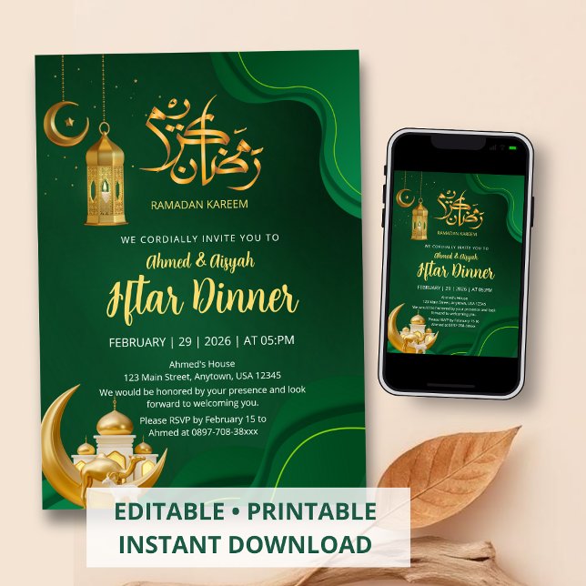 Elegante Convite de Iftar Ramadão Verde Esmeralda  (Criador carregado)
